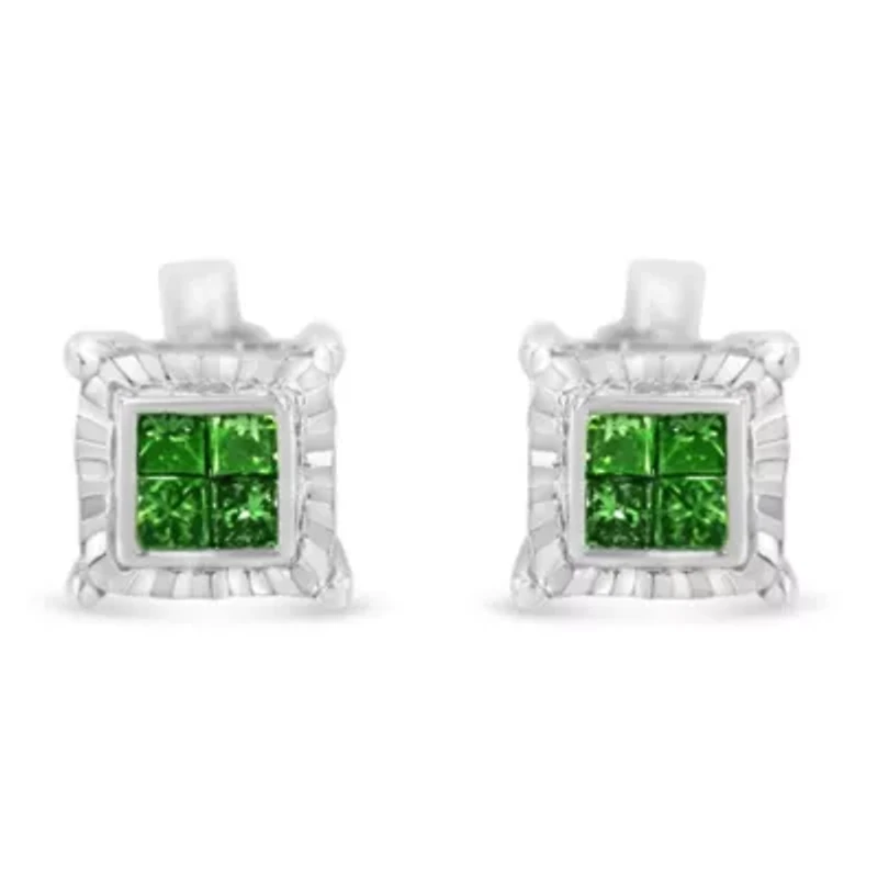 Sterling Silver Color Princess Diamond Quad Stud Earring