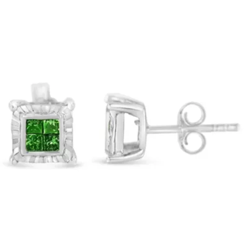 Sterling Silver Color Princess Diamond Quad Stud Earring