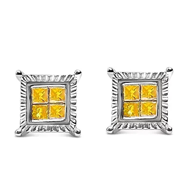 Silver 1/2 Cttw Yellow Princess Diamond Quad Stud Earring