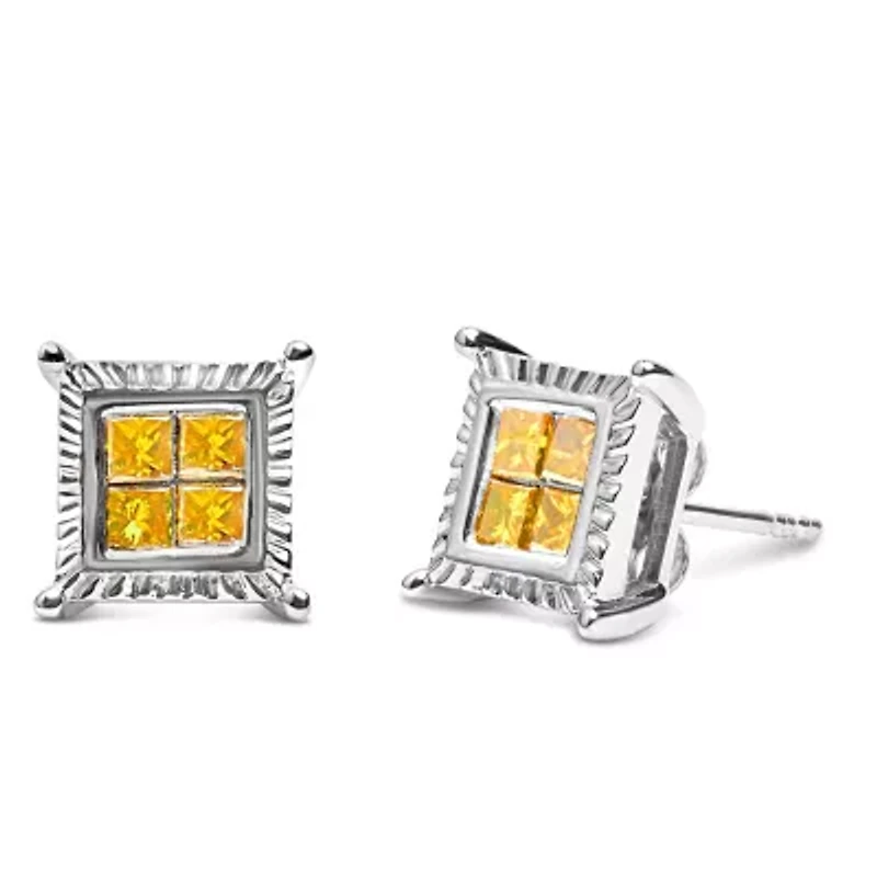 Silver 1/2 Cttw Yellow Princess Diamond Quad Stud Earring