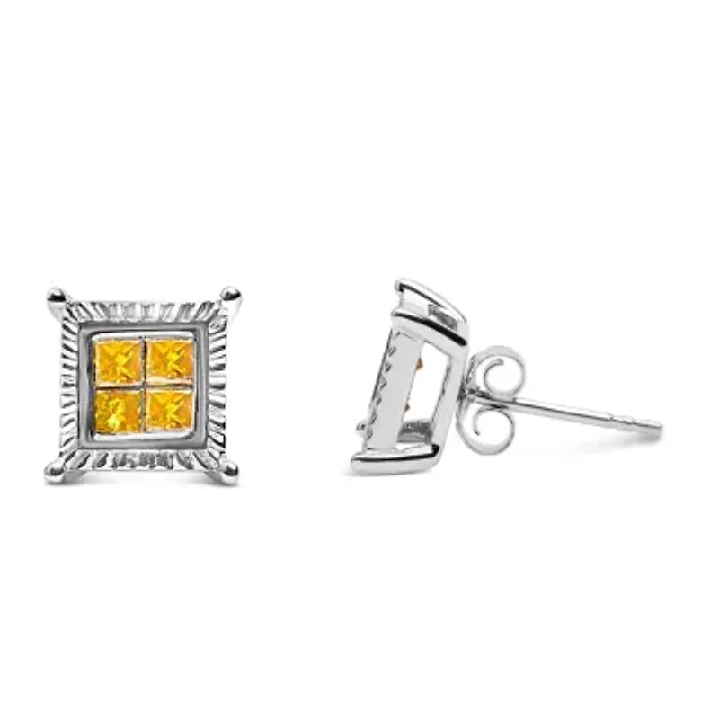Silver 1/2 Cttw Yellow Princess Diamond Quad Stud Earring