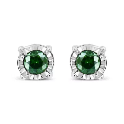 Sterling Silver Rose Green Diamond Solitaire Stud Earrings