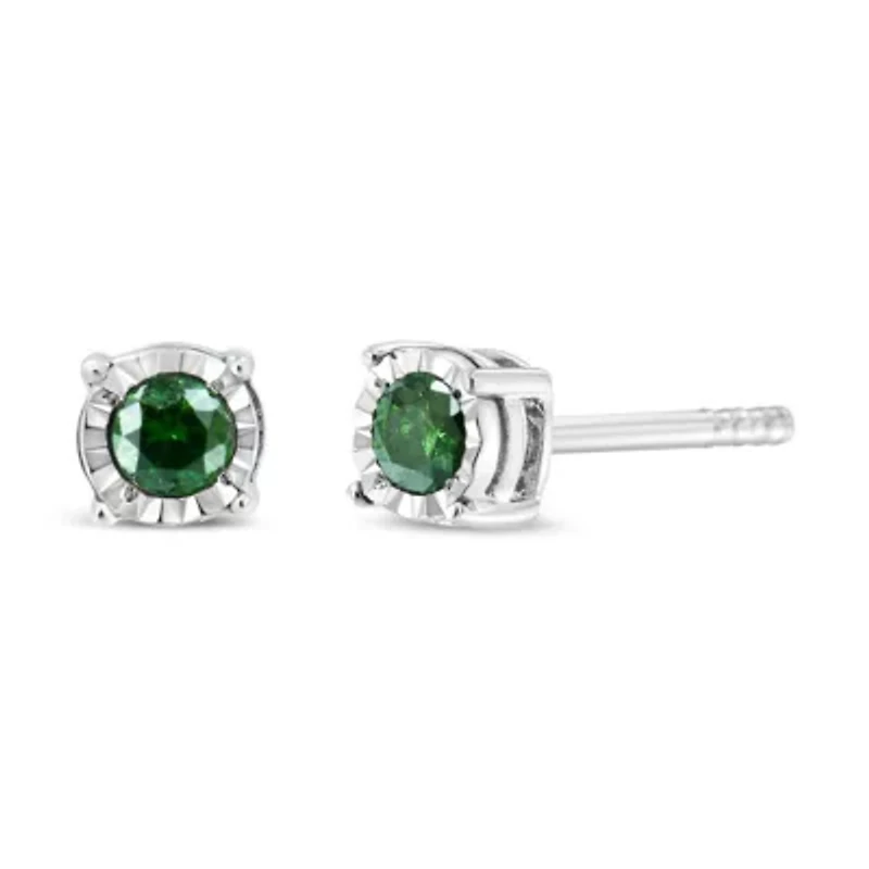 Sterling Silver Rose Green Diamond Solitaire Stud Earrings