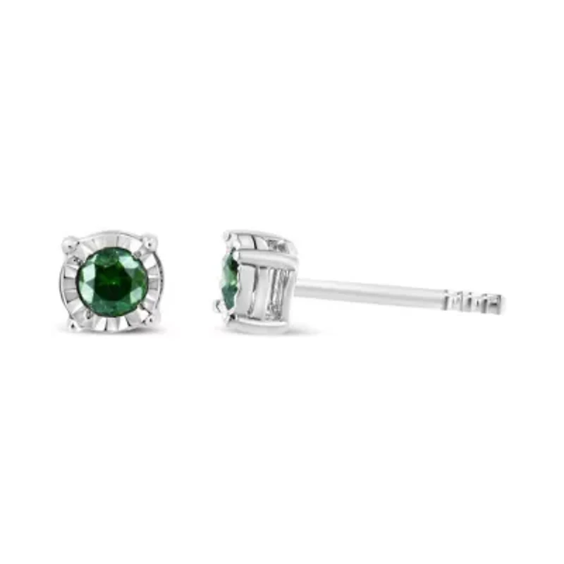 Sterling Silver Rose Green Diamond Solitaire Stud Earrings