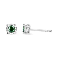 Sterling Silver Rose Green Diamond Solitaire Stud Earrings
