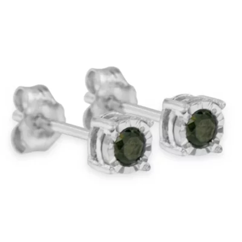 Sterling Silver Rose Green Diamond Solitaire Stud Earrings