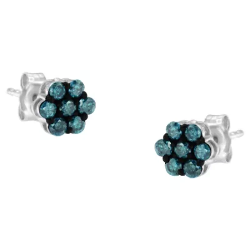 Sterling Silver Blue Diamond Floral Stud Earrings