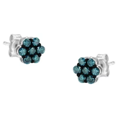 Sterling Silver Blue Diamond Floral Stud Earrings