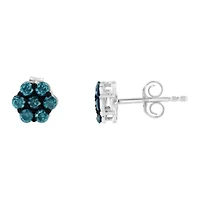Sterling Silver Blue Diamond Floral Stud Earrings