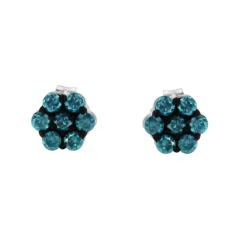 Sterling Silver Blue Diamond Floral Stud Earrings