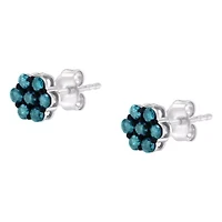 Sterling Silver Blue Diamond Floral Stud Earrings