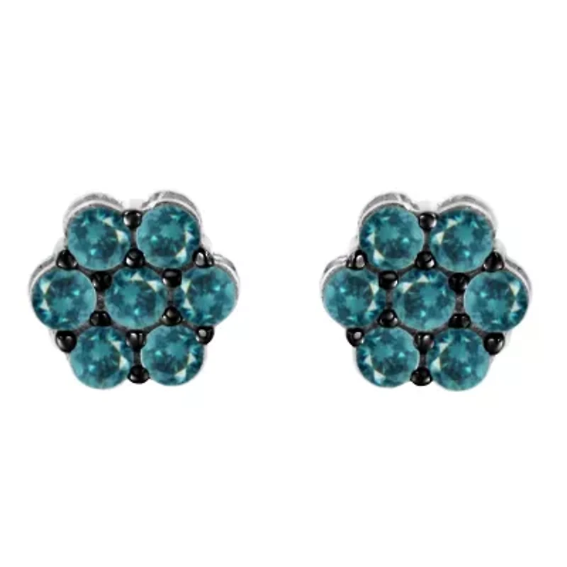 Sterling Silver Blue Diamond Floral Stud Earrings