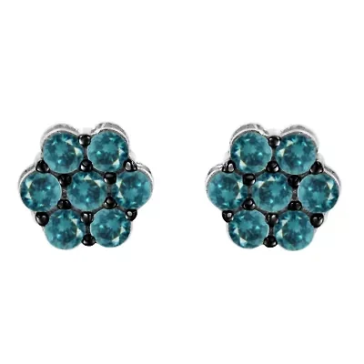 Sterling Silver Blue Diamond Floral Stud Earrings