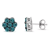 Sterling Silver Blue Diamond Floral Stud Earrings