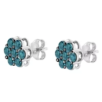 Sterling Silver Blue Diamond Floral Stud Earrings