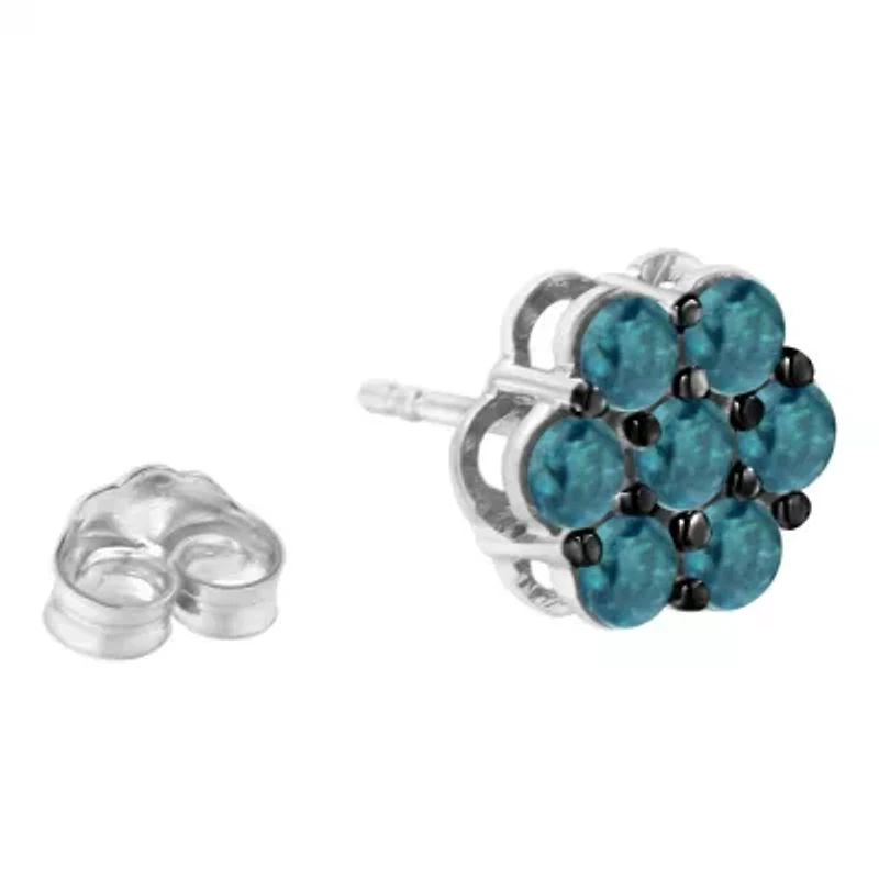 Sterling Silver Blue Diamond Floral Stud Earrings