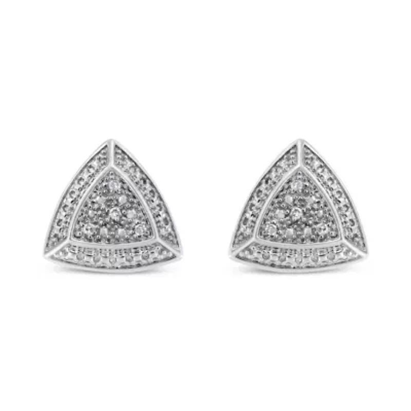 Silver Diamond-Accented Trillion Shaped 4-Stone Halo-Style Stud Earrings