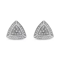 Silver Diamond-Accented Trillion Shaped 4-Stone Halo-Style Stud Earrings