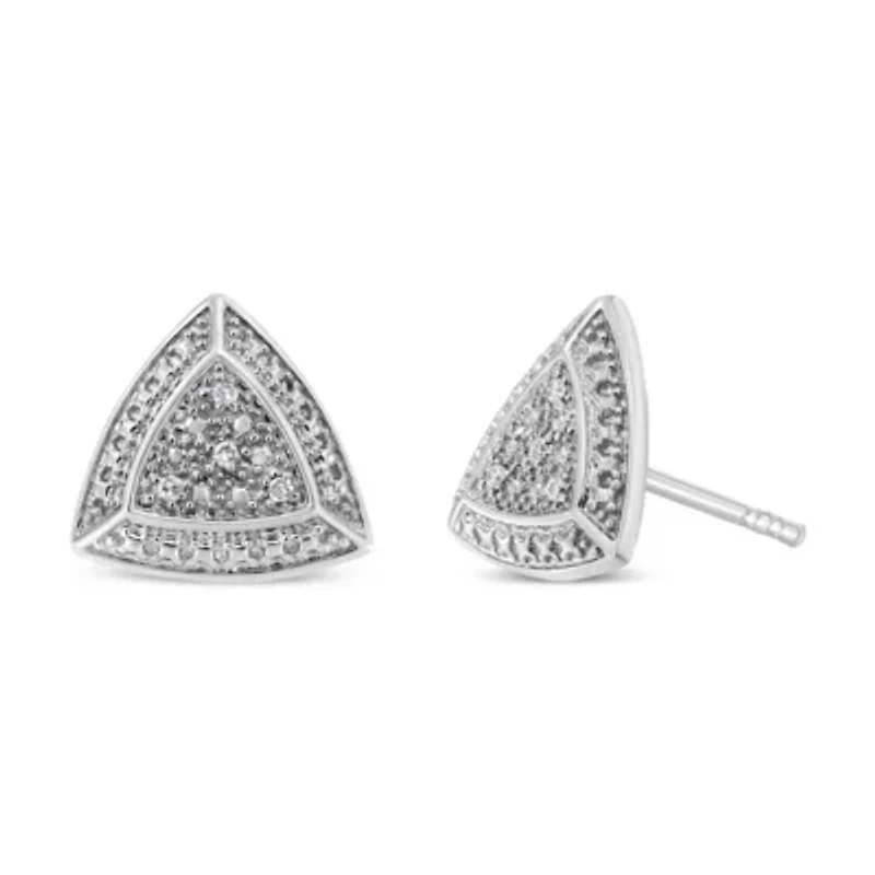 Silver Diamond-Accented Trillion Shaped 4-Stone Halo-Style Stud Earrings