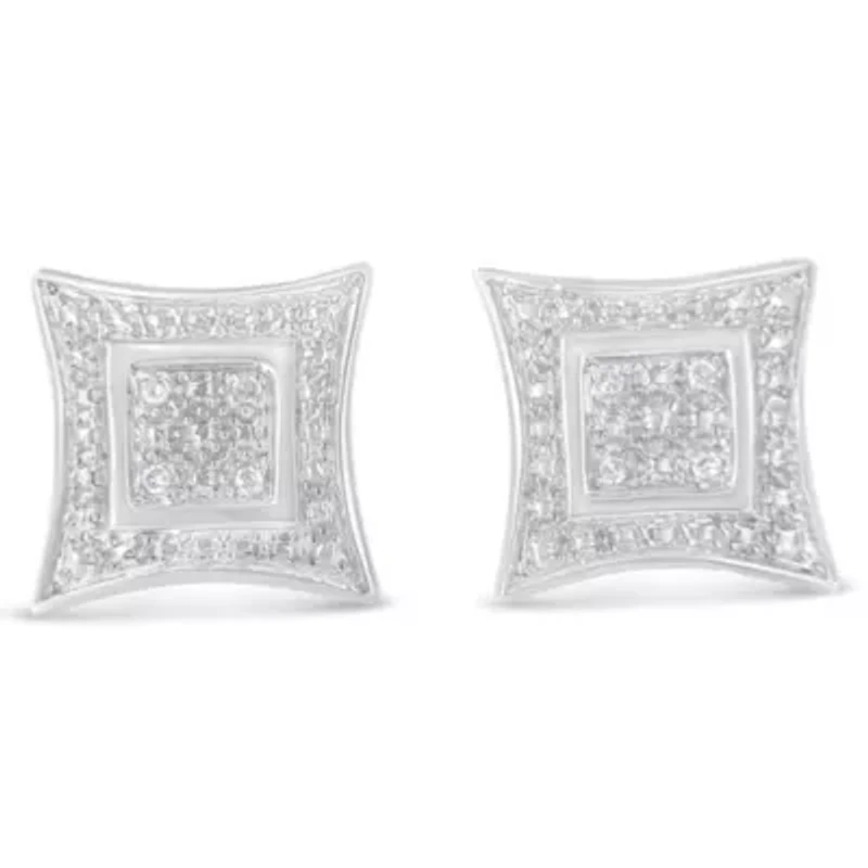 Silver Diamond Accented 4-Stone Four Pointed Star Shaped Halo-Style Stud Earrings