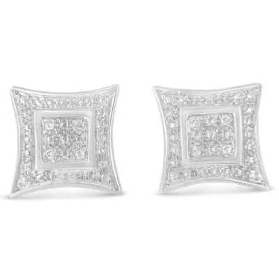 Silver Diamond Accented 4-Stone Four Pointed Star Shaped Halo-Style Stud Earrings