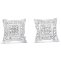 Silver Diamond Accented 4-Stone Four Pointed Star Shaped Halo-Style Stud Earrings