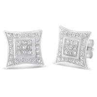 Silver Diamond Accented 4-Stone Four Pointed Star Shaped Halo-Style Stud Earrings