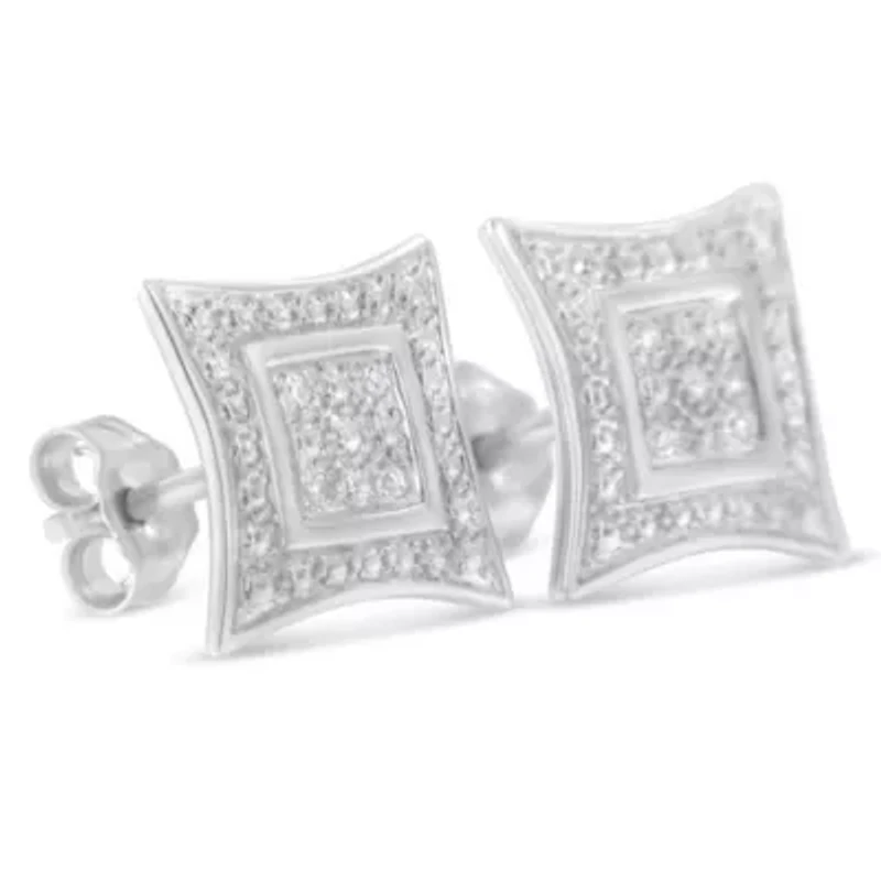 Silver Diamond Accented 4-Stone Four Pointed Star Shaped Halo-Style Stud Earrings
