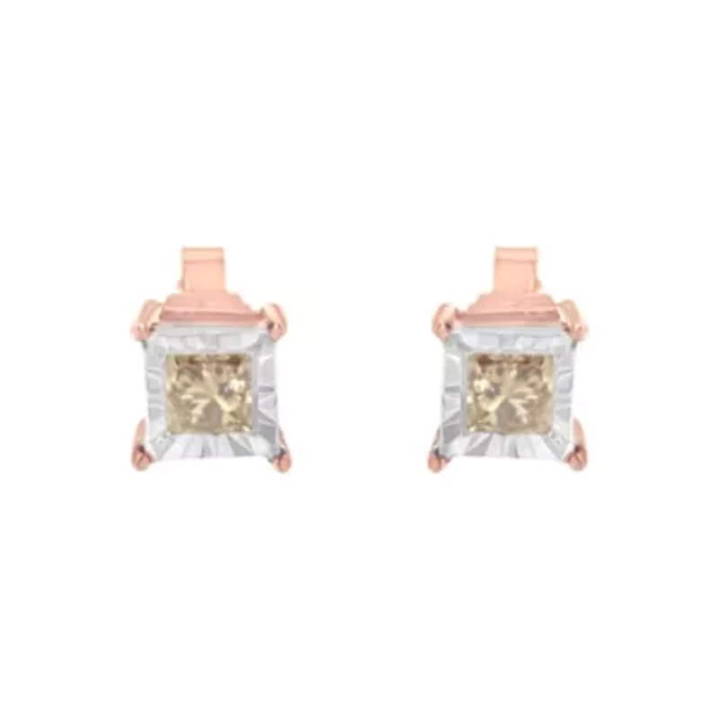 14K Rose Gold Plated 1/2 Ct Princess Diamond Solitaire Stud Earrings
