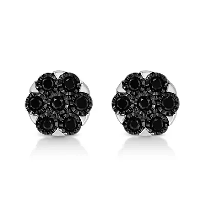 Silver 1/4 Ct Black Color Diamond Cluster Flower Stud Earrings