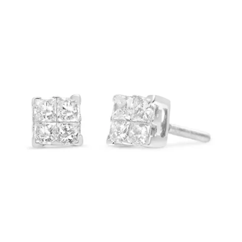 Silver 5/8 Ct Princess Diamond Invisible Quad Composite Stud Earrings