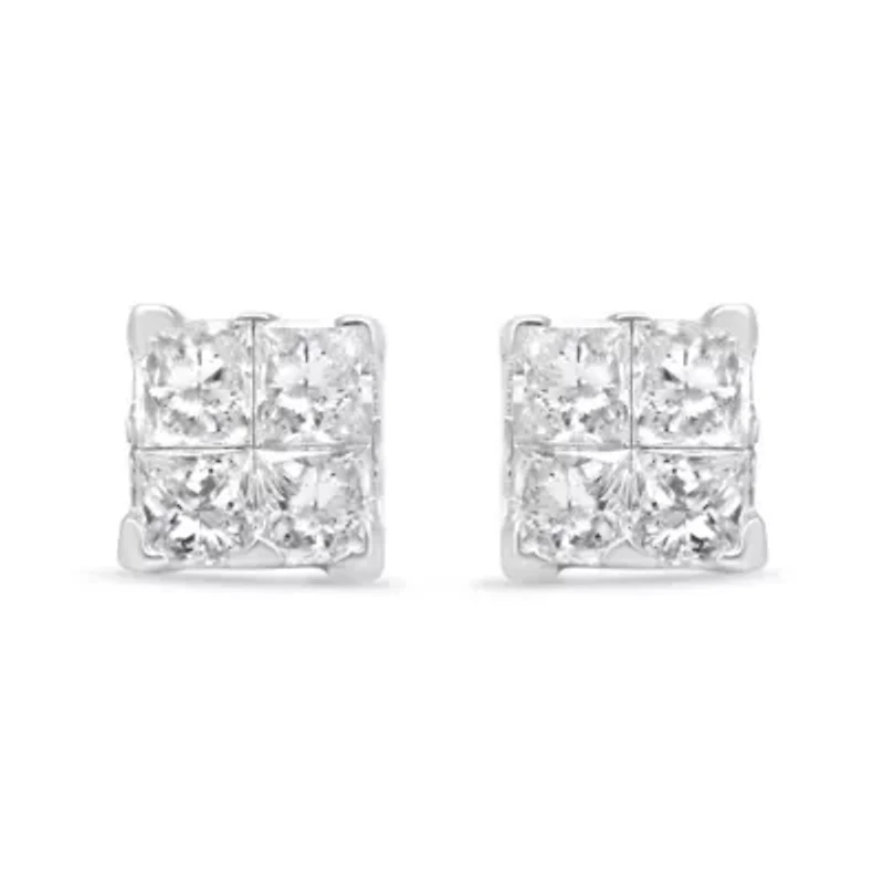 Silver 5/8 Ct Princess Diamond Invisible Quad Composite Stud Earrings