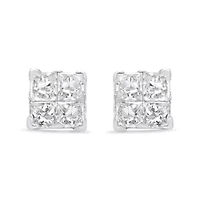 Silver 5/8 Ct Princess Diamond Invisible Quad Composite Stud Earrings