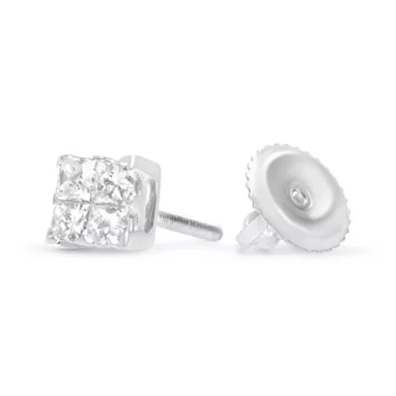 Silver 5/8 Ct Princess Diamond Invisible Quad Composite Stud Earrings