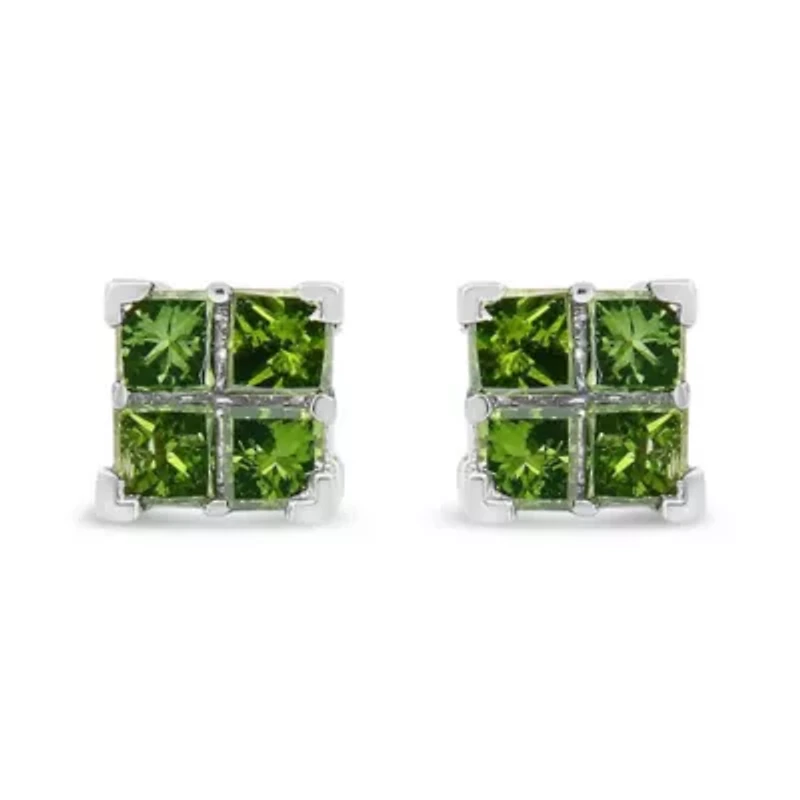 Silver 1/2 Ct Green Princess 4 Stone Composite Quad Stud Earring