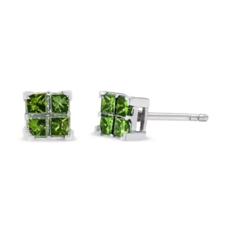 Silver 1/2 Ct Green Princess 4 Stone Composite Quad Stud Earring