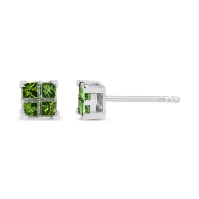 Silver 1/2 Ct Green Princess 4 Stone Composite Quad Stud Earring