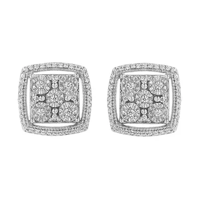 Silver 3/8 Ct Miracle Round Diamond Double Halo Cluster Earrings