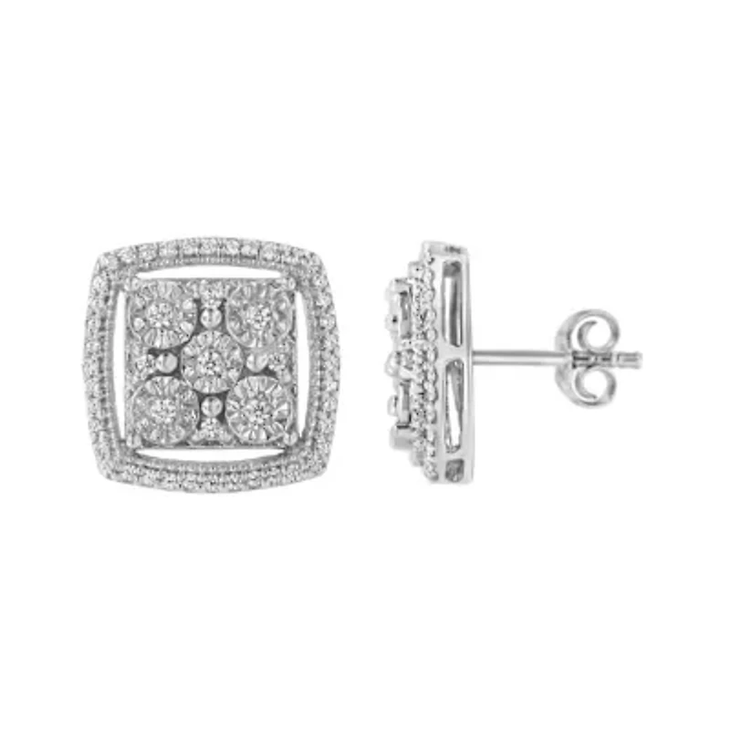 Silver 3/8 Ct Miracle Round Diamond Double Halo Cluster Earrings