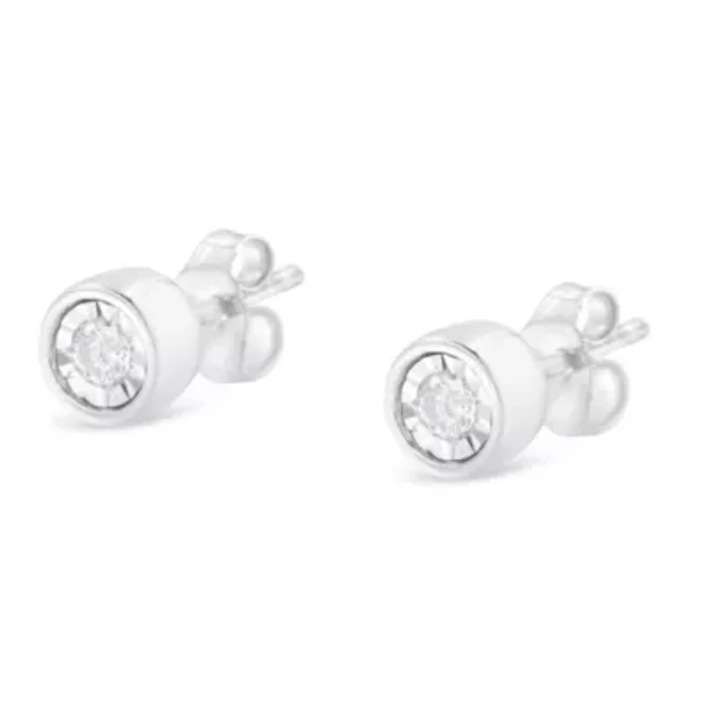 Silver 1/5 Ct Near Colorless Diamond Miracle- Bezel Barrel Style Stud Earrings