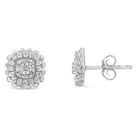 Silver 1/2 Ct RoundDiamond Halo Cluster Stud Earring