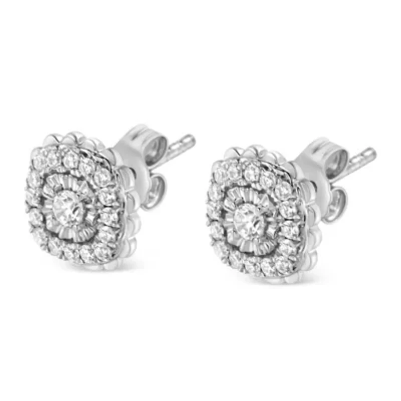 Silver 1/2 Ct RoundDiamond Halo Cluster Stud Earring