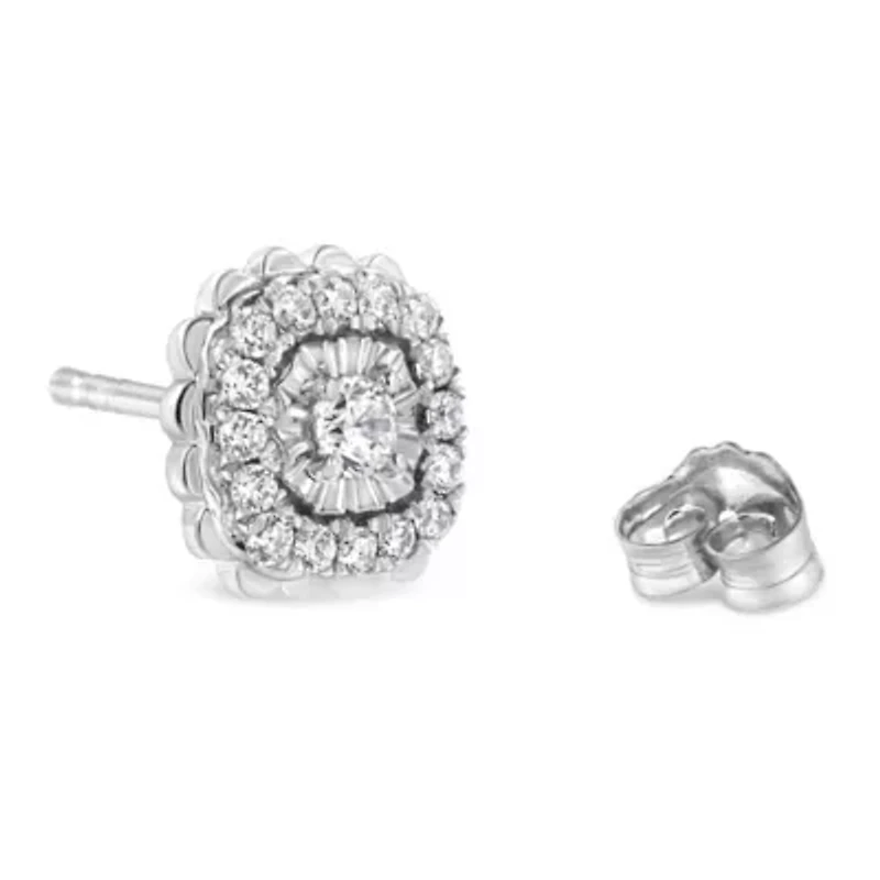 Silver 1/2 Ct RoundDiamond Halo Cluster Stud Earring
