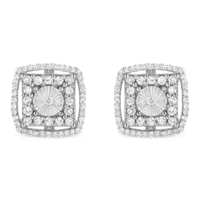 Silver 1.0 Ct Round Diamond Double Halo and Disc Stud Earring