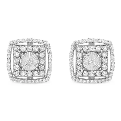 Silver 1.0 Ct Round Diamond Double Halo and Disc Stud Earring