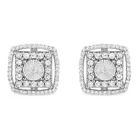 Silver 1.0 Ct Round Diamond Double Halo and Disc Stud Earring