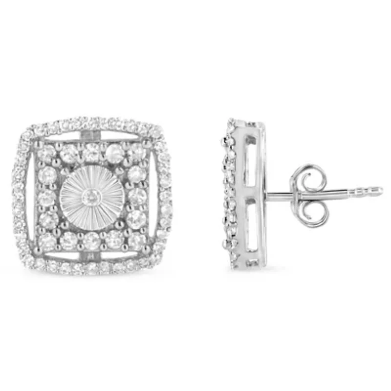 Silver 1.0 Ct Round Diamond Double Halo and Disc Stud Earring