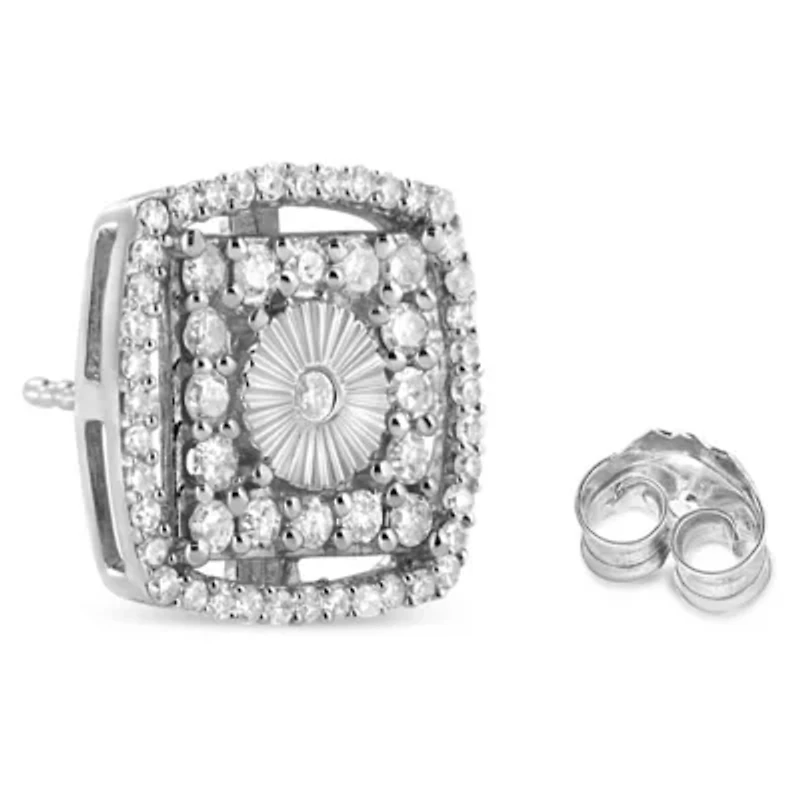 Silver 1.0 Ct Round Diamond Double Halo and Disc Stud Earring