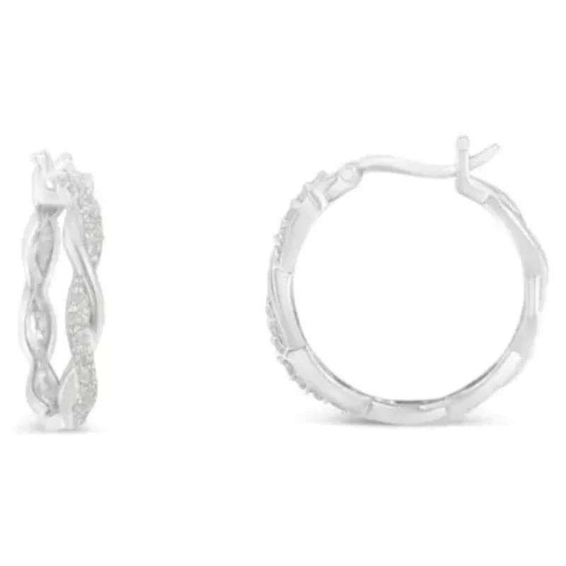 Sterling Silver 1/4 Ct Pave Diamond Twisted Spiral Hoop Earring