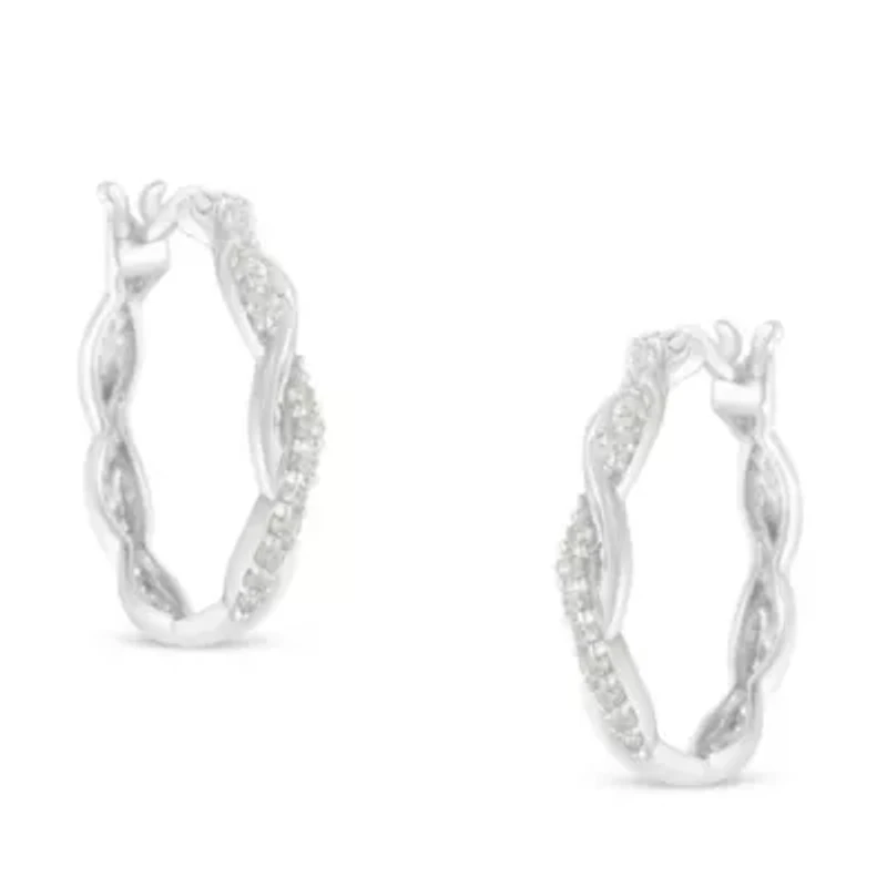 Sterling Silver 1/4 Ct Pave Diamond Twisted Spiral Hoop Earring